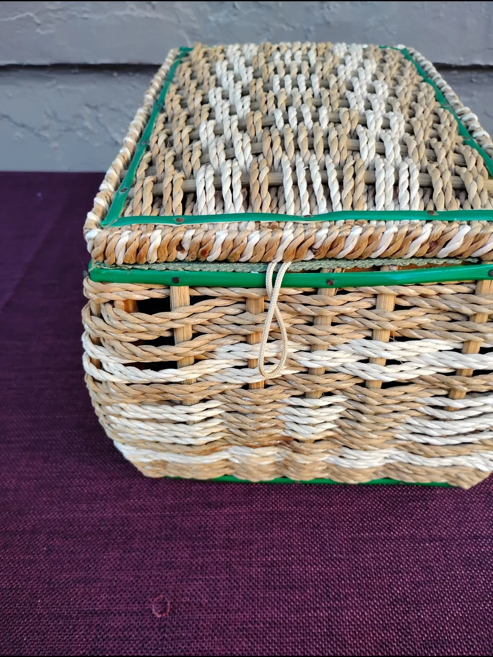Vtg Wicker Sewing Basket Woven Beige  w/Green Lining Mid Century Made in Japan